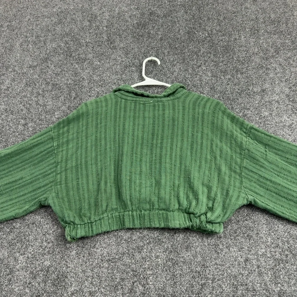 Free People Top Womens S Green Cotton Textured Cropped Long Sleeve Boho Style